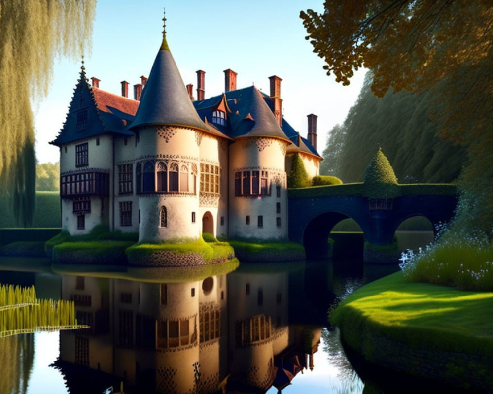 Castle with turrets and bridge in lush greenery and golden light