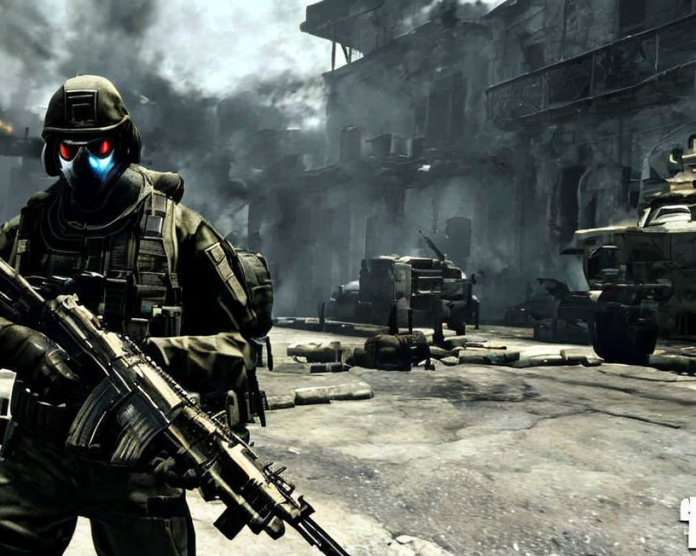 Soldier in tactical gear with glowing red eye goggles in war-torn cityscape