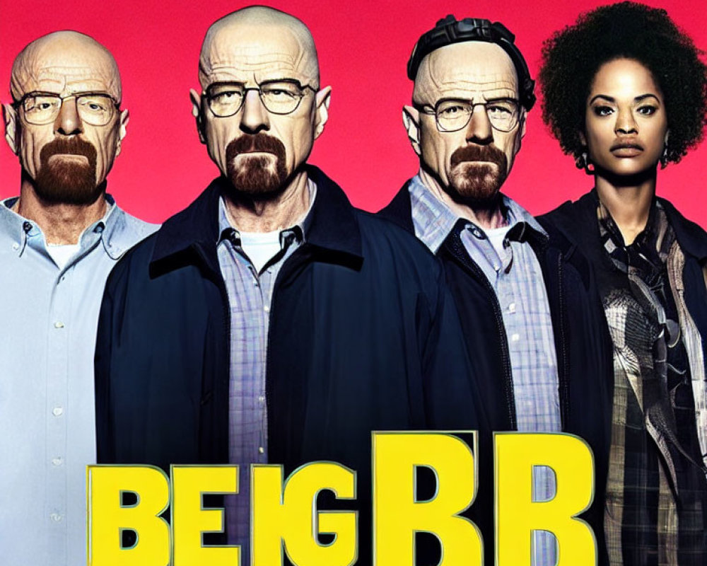 Group of Four Individuals on Red Background with Bald Men and Woman with Afro, "BENG BB