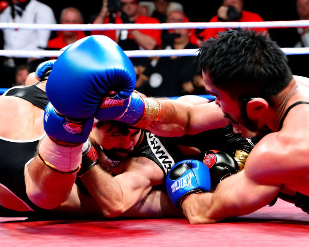 Two male boxers in blue and red gloves fighting closely in the ring.