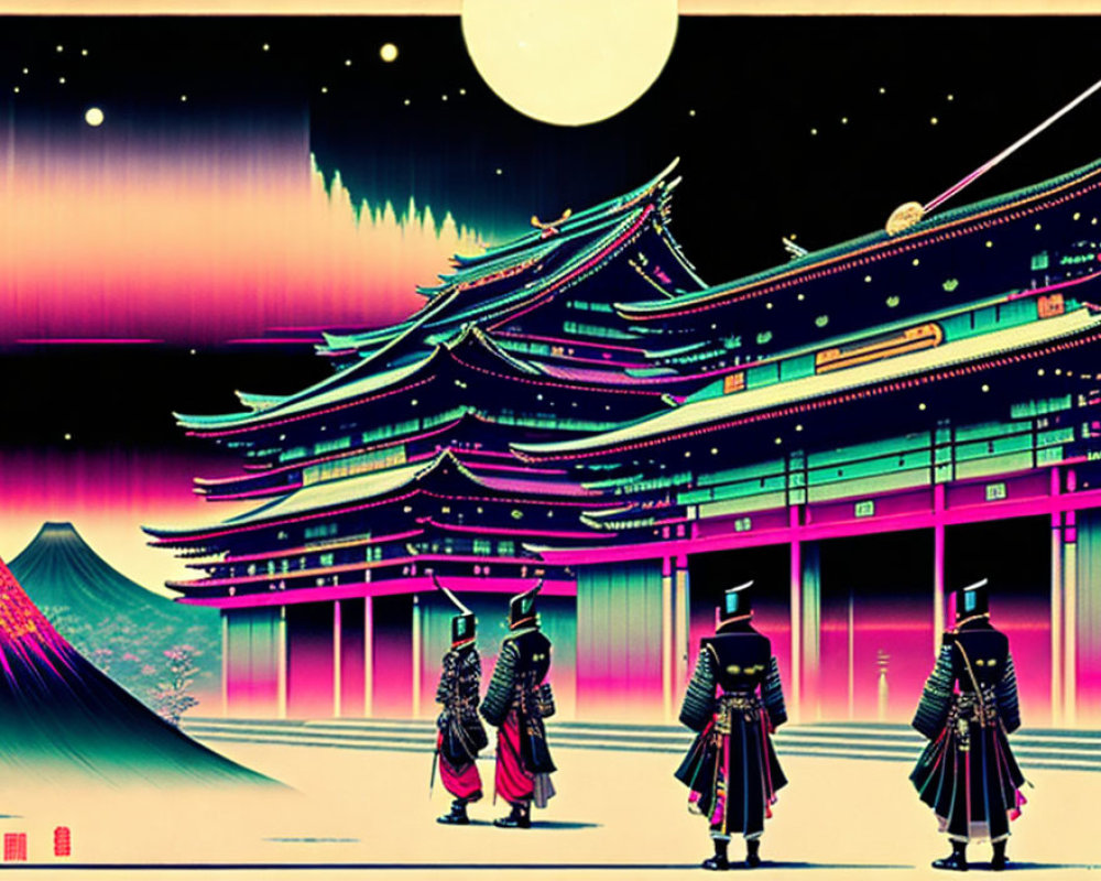 Three samurai in front of Japanese temple with Mount Fuji silhouette & colorful sky.