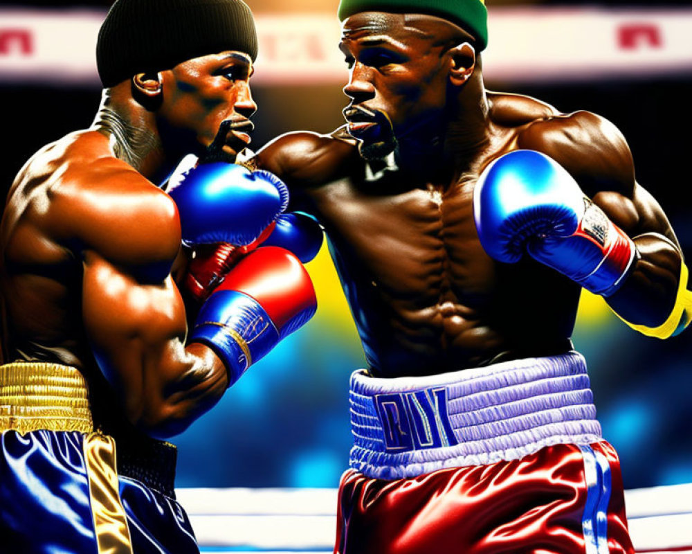 Boxers in Blue and Gold vs. Red and Blue Shorts in Ring