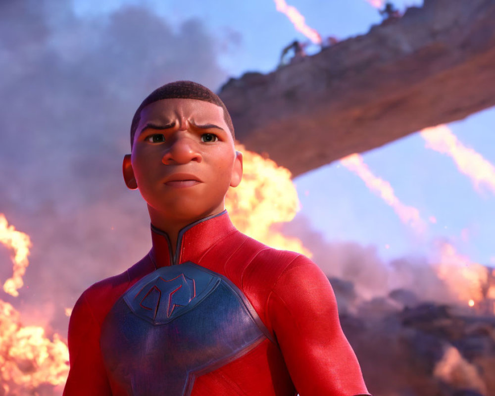 Young superhero in red suit against backdrop of fire and smoke