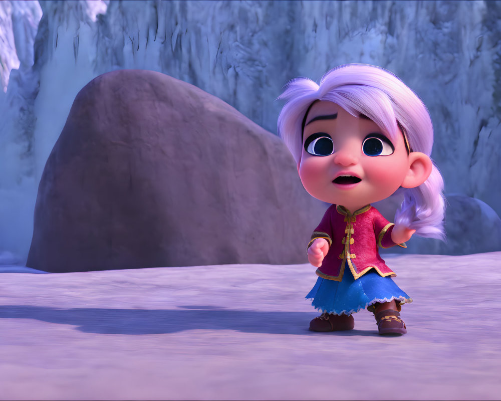 3D animated young girl with silver hair in red jacket and snowy landscape