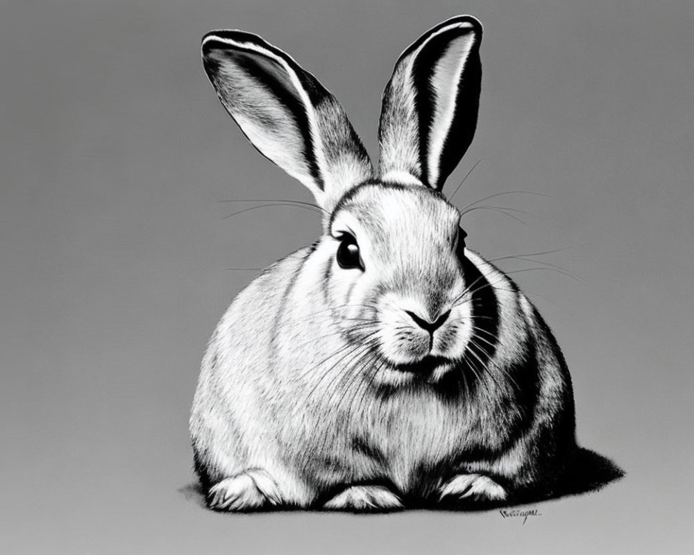Monochrome illustration of plump rabbit against grey backdrop
