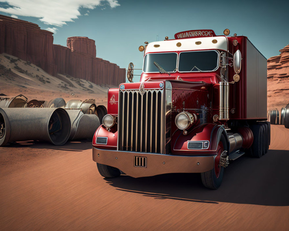 Vintage red truck parked on desert road with rock formations and pipes under clear sky