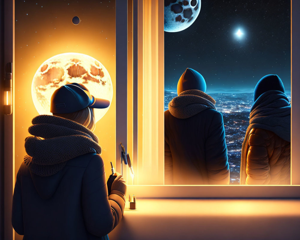 Two individuals in hooded attire gaze at night sky with visible celestial bodies from warmly lit room.