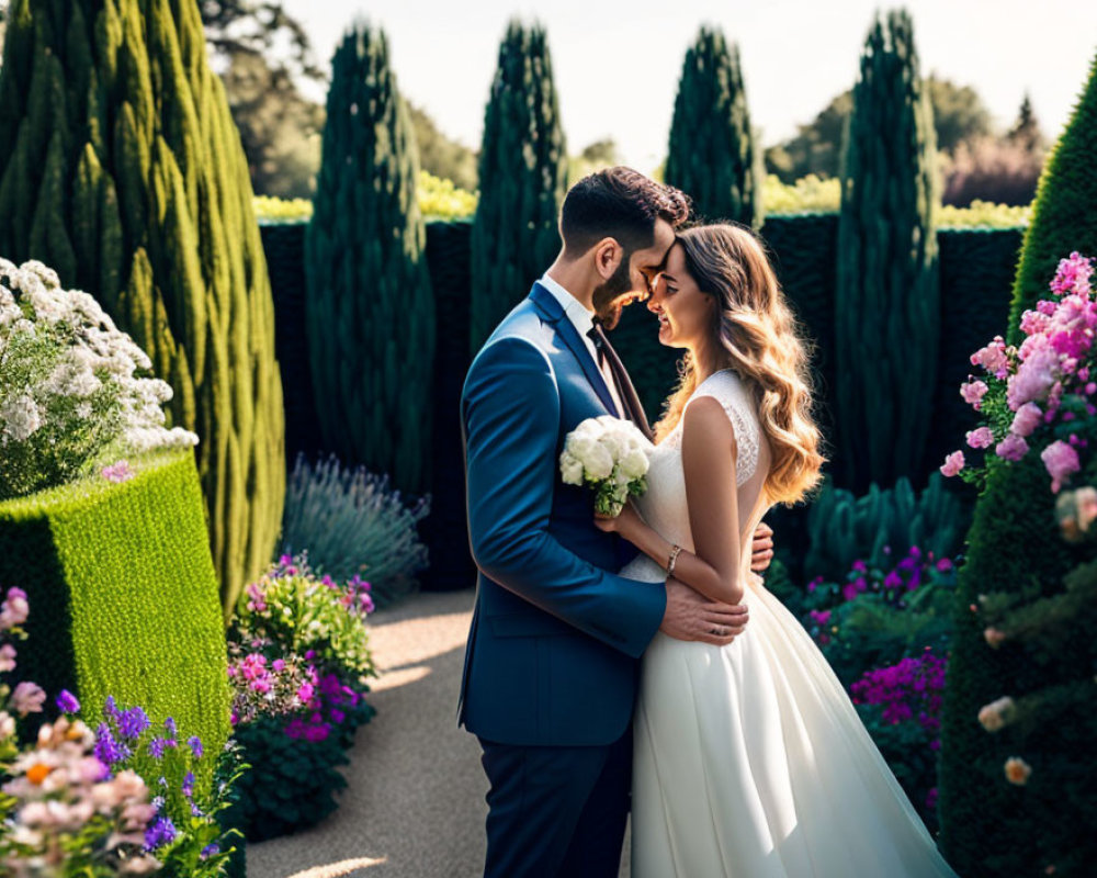 Bride and groom embrace in sunlit garden pathway