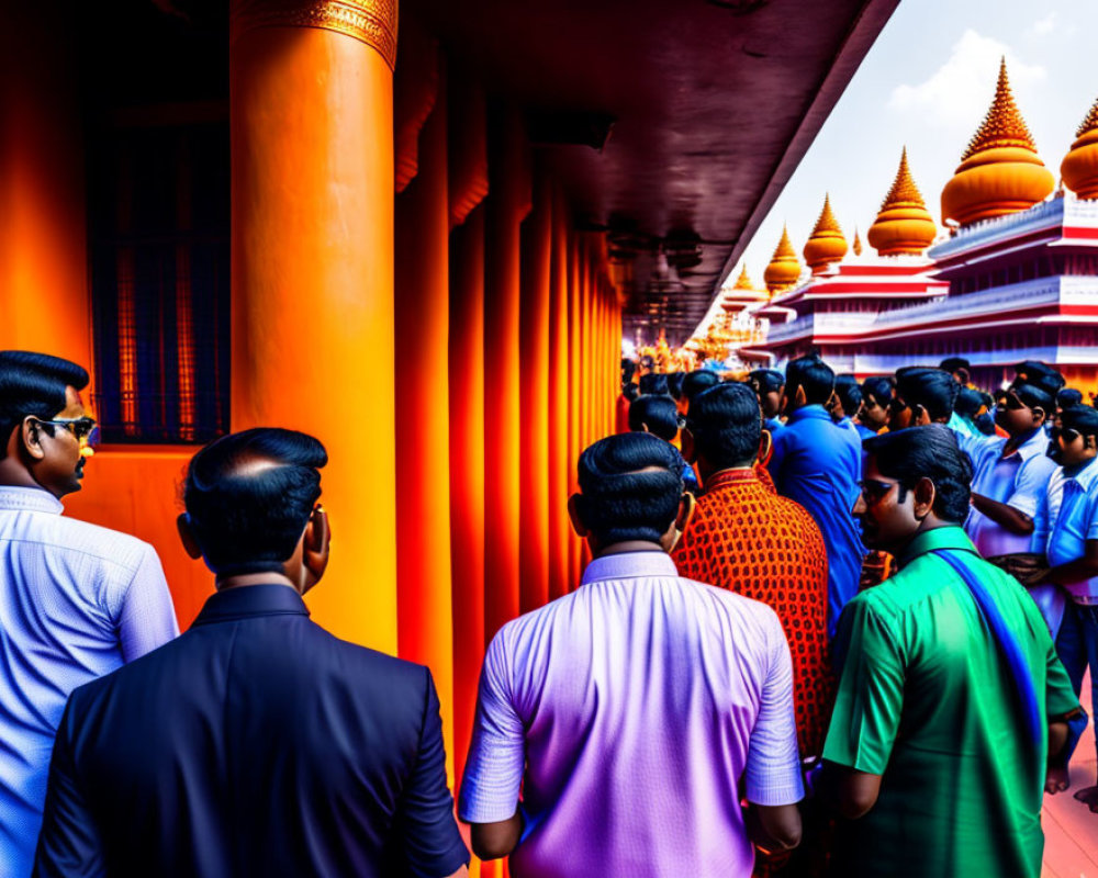 Traditional Attire Group Walking in Corridor with Red Pillars