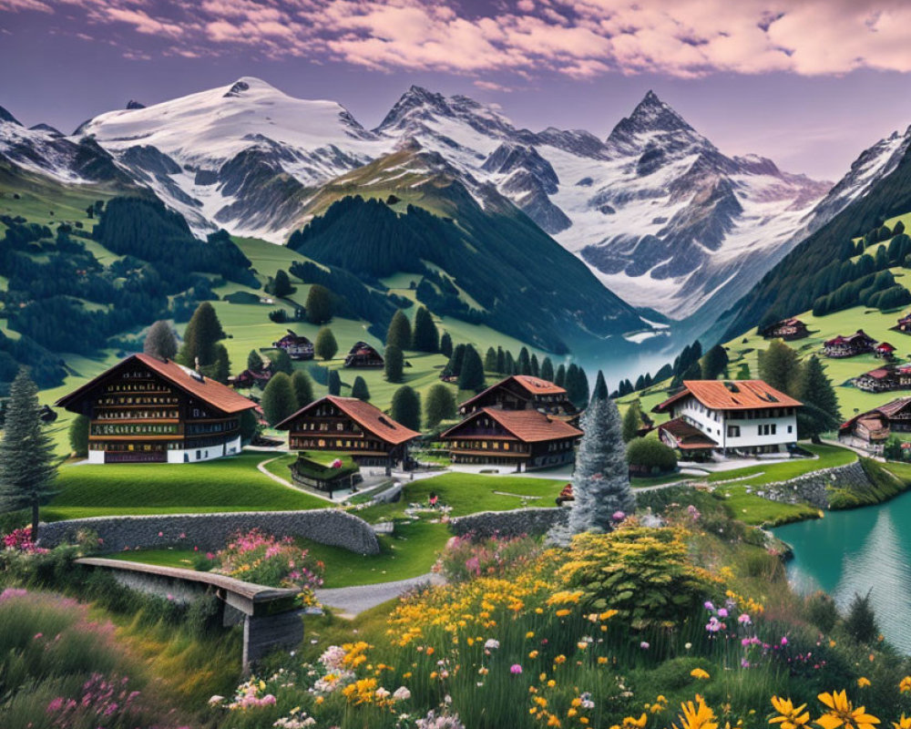 Scenic Alpine Village with Traditional Houses and Snow-Capped Mountains