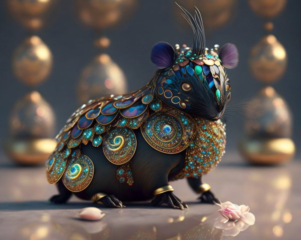 Artistic Rodent with Jewel-like Patterns and Golden Orbs Background