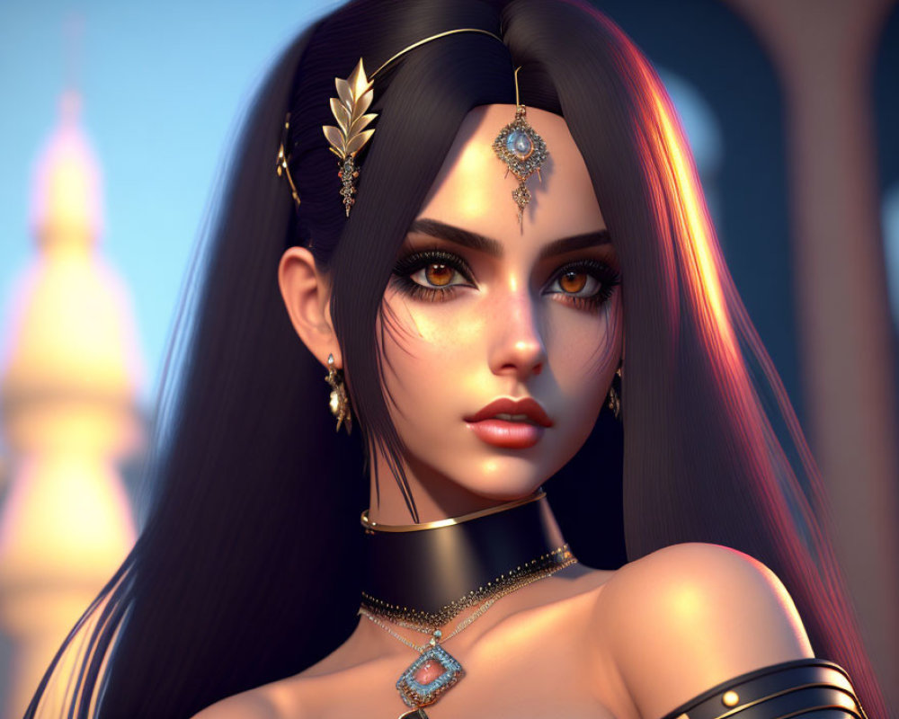 3D-rendered female character with black hair, jewelry, and choker against architectural backdrop
