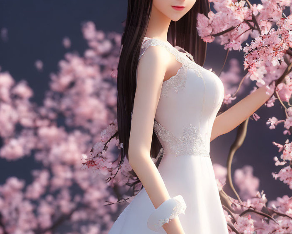 Long-haired animated character in white gown near pink cherry trees under clear sky