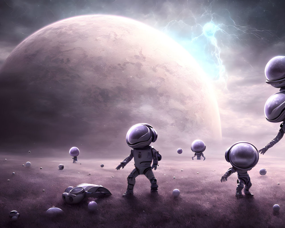 Alien planet exploration with floating spheres and stormy sky