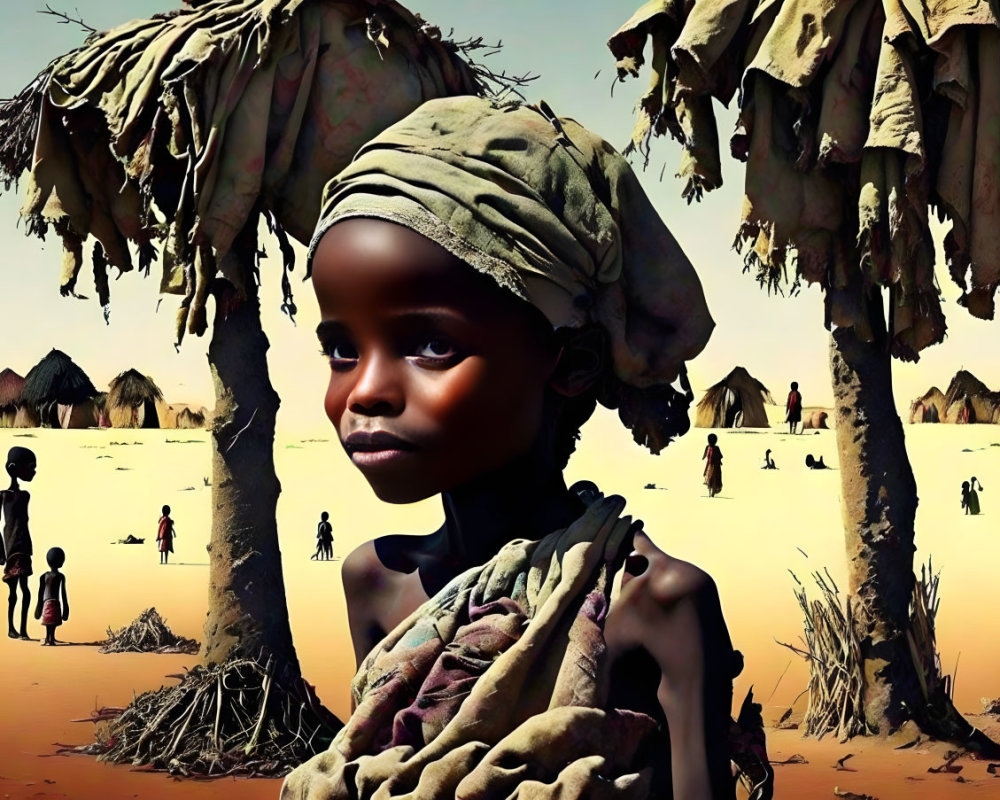 Child in headscarf in desert landscape with traditional huts and people.