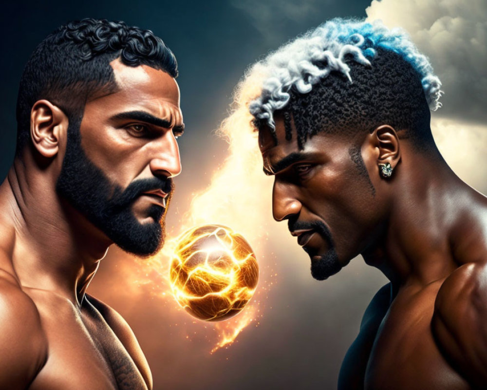 Intense stylized athletes with flaming soccer ball between them