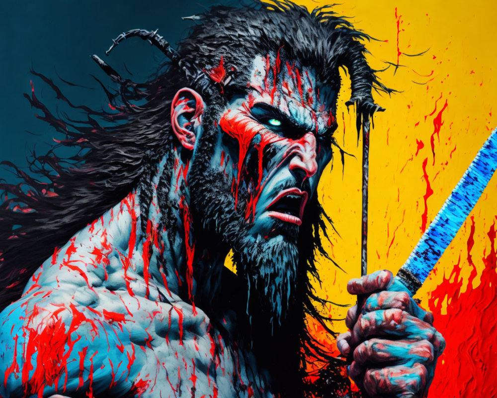 Colorful painting of warrior with glowing blue sword on fiery red backdrop