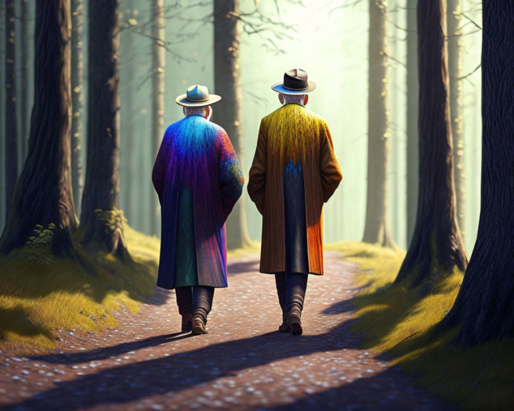 Two individuals in hats and colorful coats strolling in a forest with sunlight filtering through trees.