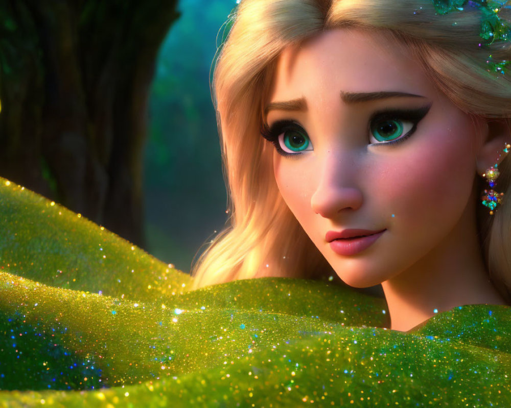 Blonde-haired animated female character in green outfit against forest backdrop