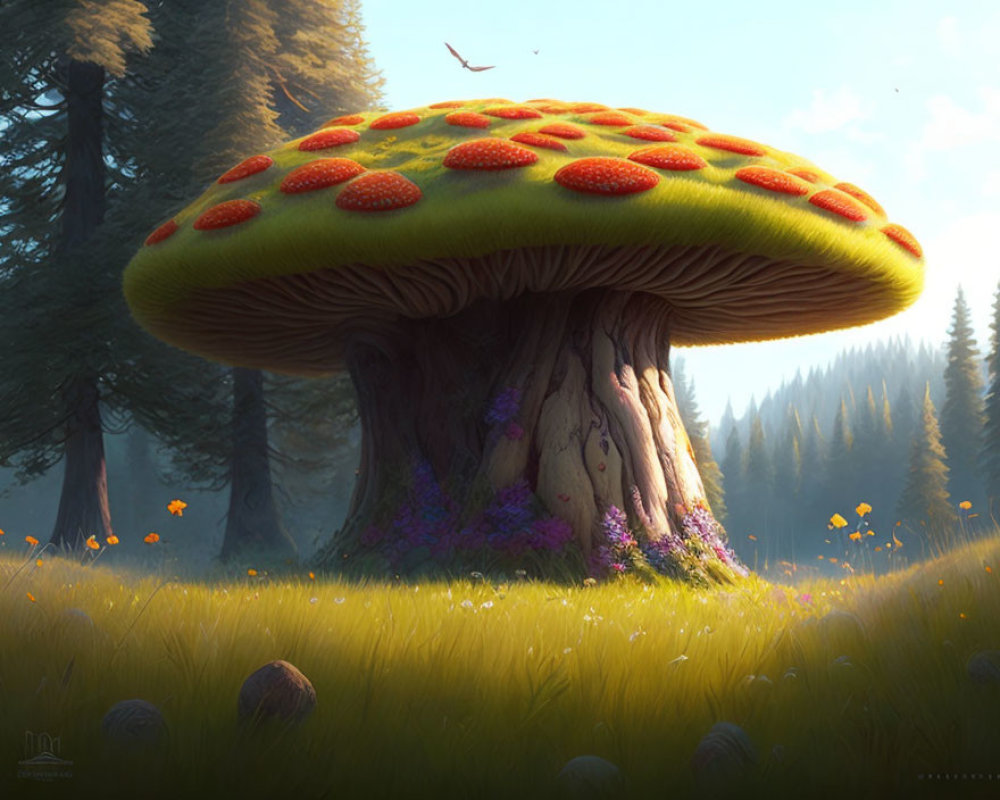 Vibrant orange mushroom in serene forest clearing