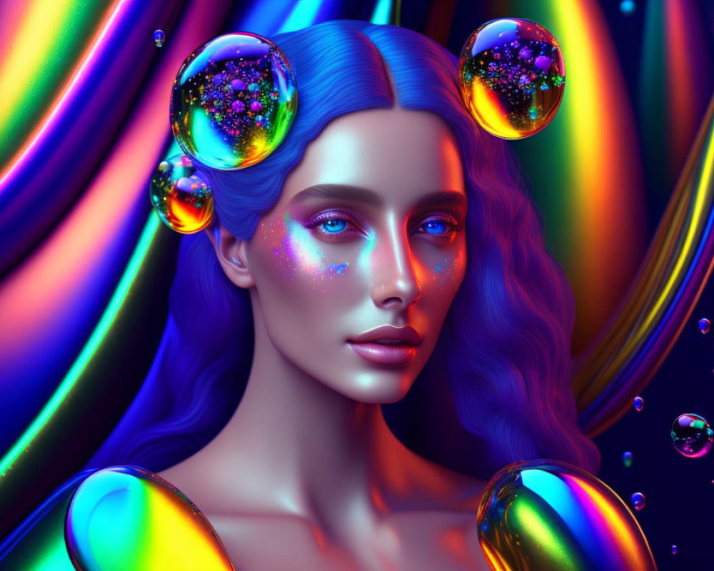 Colorful digital artwork: Woman with blue hair in neon-lit setting