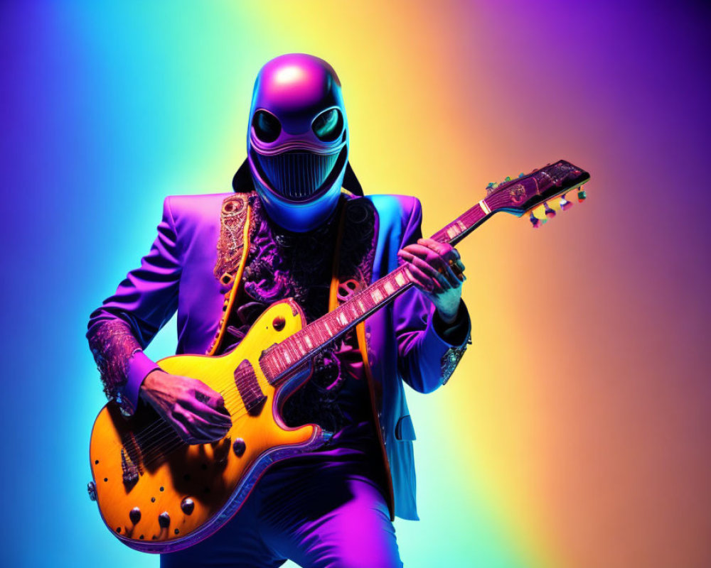 Person with full-face mask and tattoos playing electric guitar on vibrant multicolored background