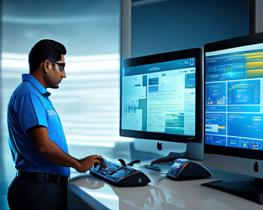 Professional man in glasses with digital tablet between computer monitors.