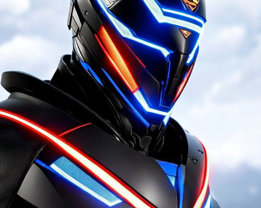 Futuristic helmet with blue and red neon lights and visor against cloudy sky
