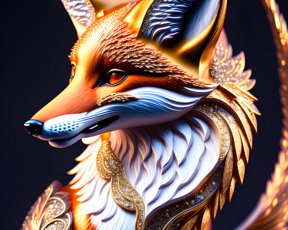 Digital illustration of a fox with golden patterns and feathers on dark background