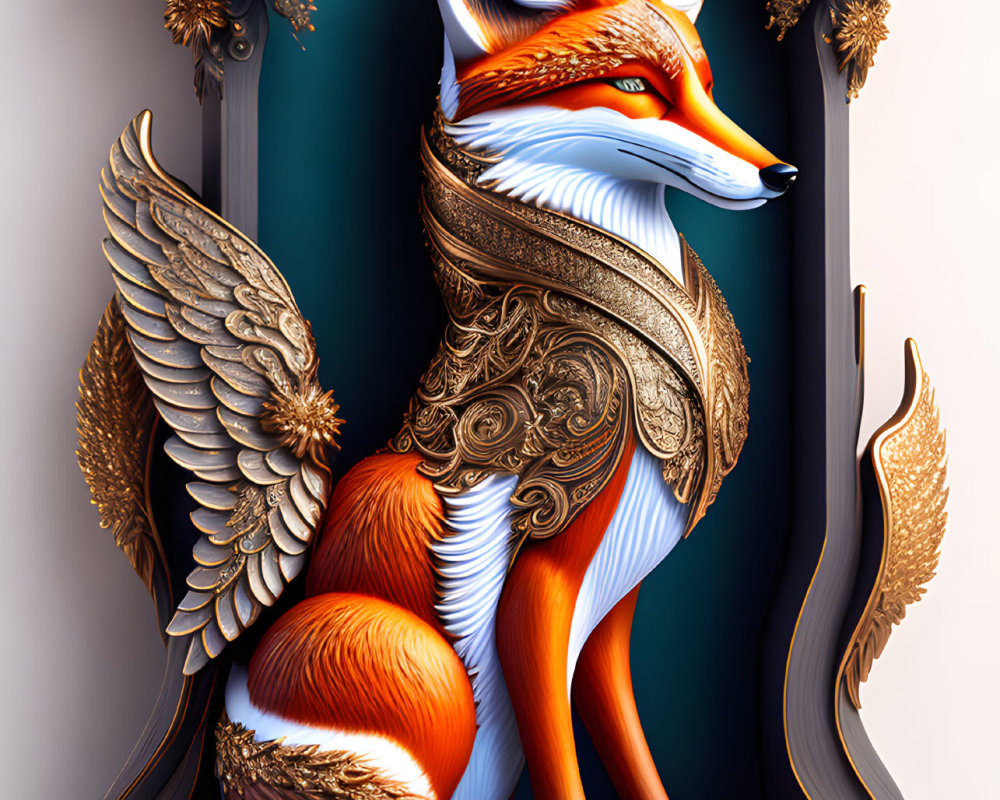 Golden-winged fox in armor among baroque decor on teal background