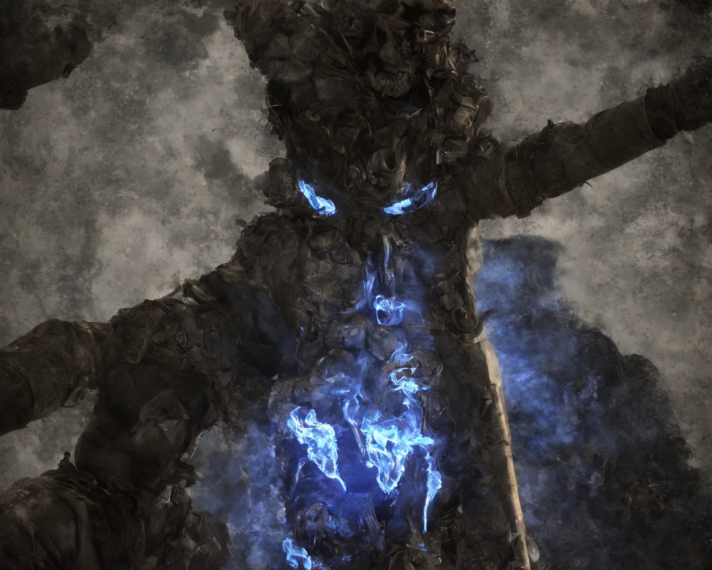 Giant stone creature with glowing blue cracks and eyes holding a massive staff