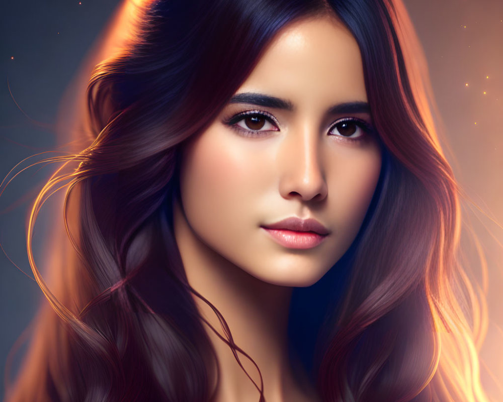 Digital portrait of woman with long wavy hair and glowing skin on fiery backdrop