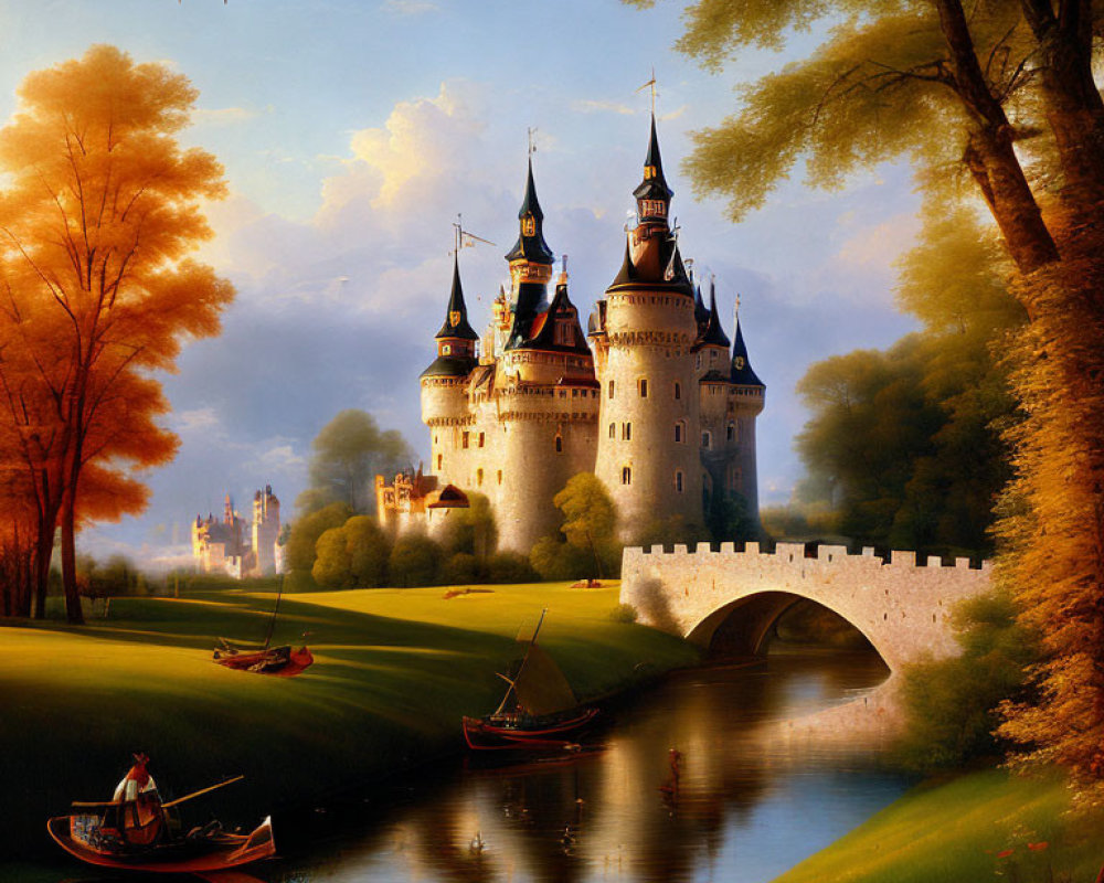 Majestic castle with spires by river, stone bridge, boats, autumn trees, vintage airplane