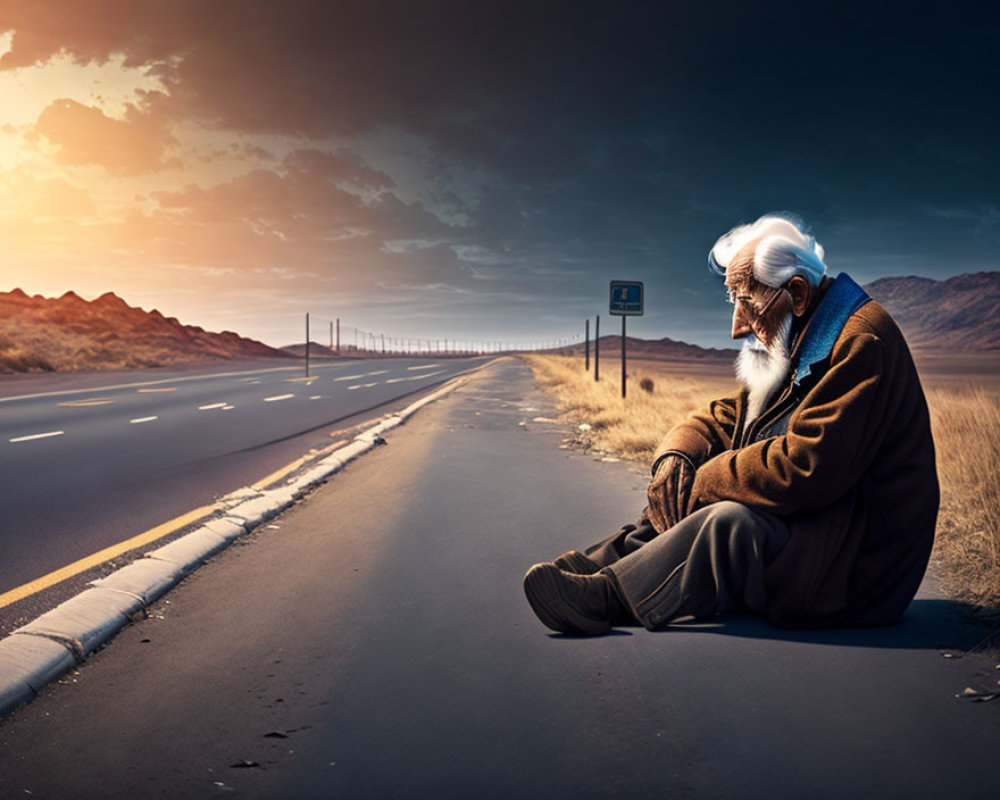 Elderly person contemplating on roadside with dramatic sky and mountains