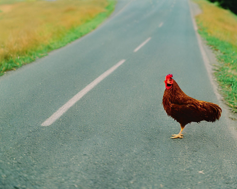 Brown chicken on empty road with green grass sides