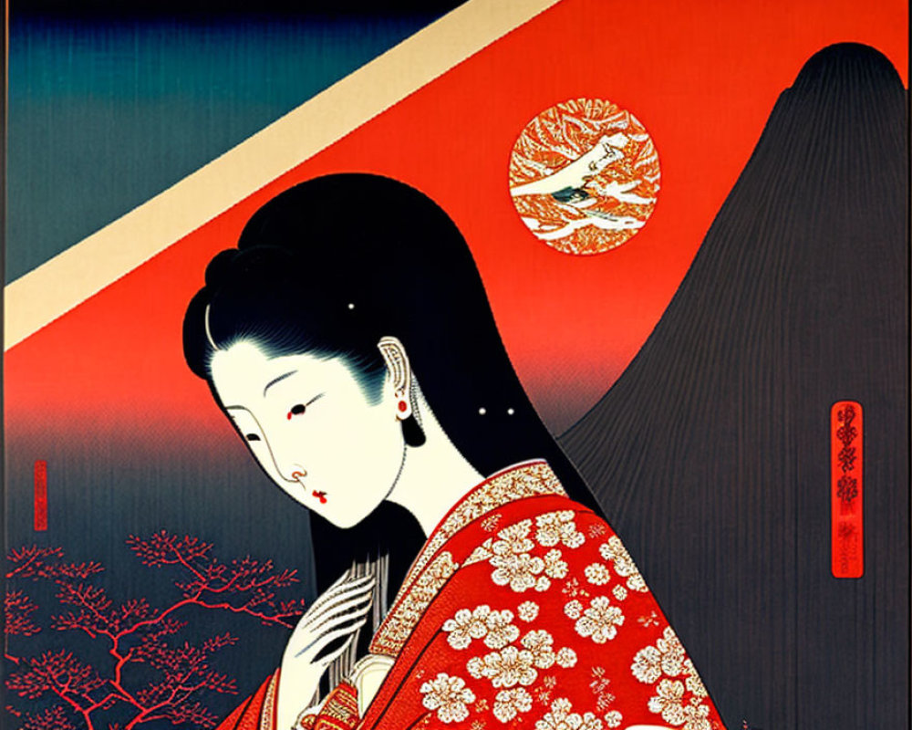 Japanese woman in red & black kimono with mountain & red sun.