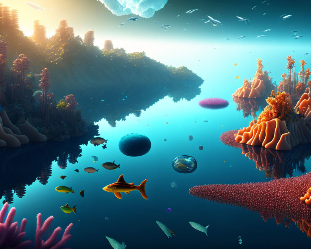 Colorful Coral, Fish, and Futuristic Cities in Dramatic Underwater Scene