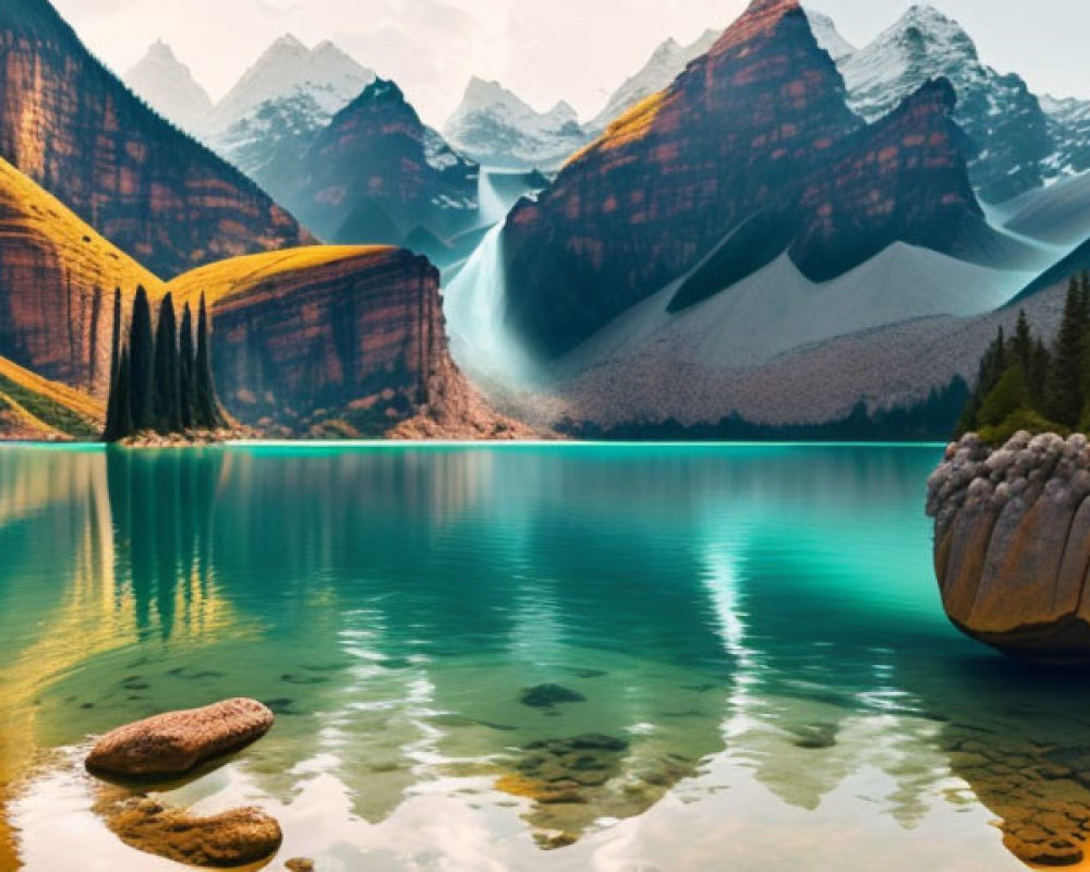 Tranquil Turquoise Lake with Orange Cliffs and Snow-Capped Mountains