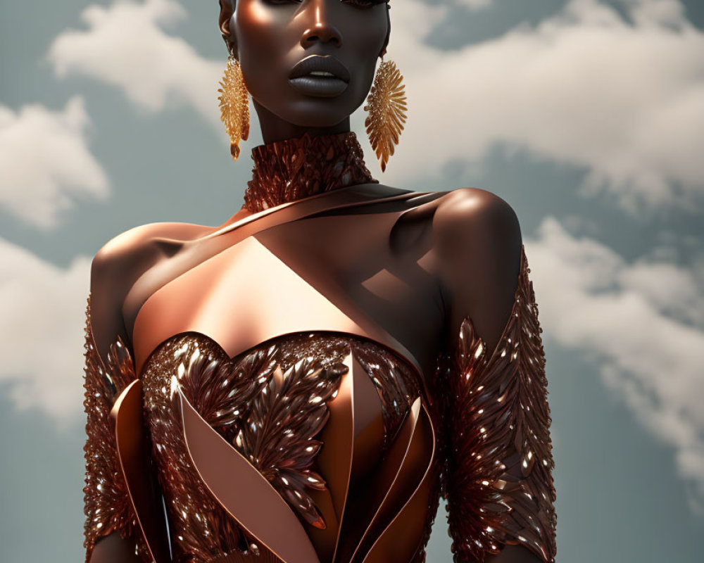 Stylized female figure in avant-garde rose gold attire against cloudy sky