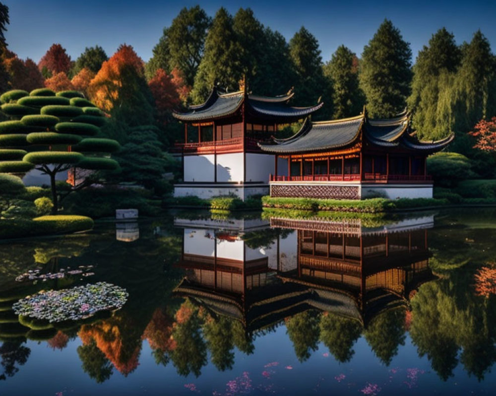 Tranquil lake with Asian pavilion, lush trees, and water lilies at sunset