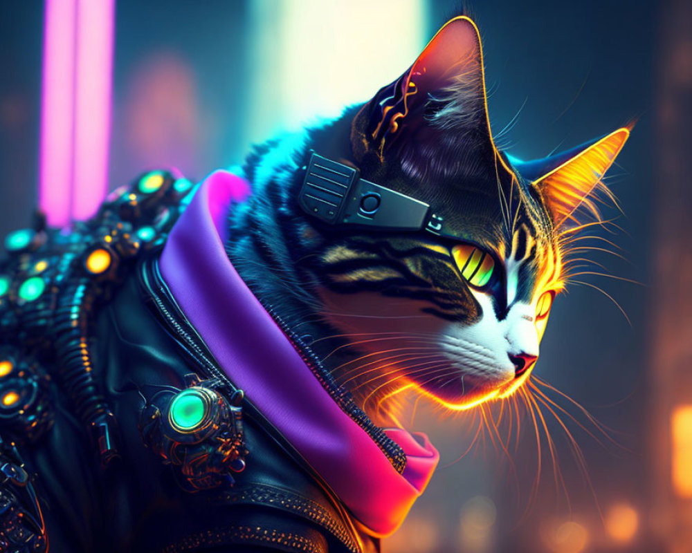 Cyberpunk cat digital art: leather jacket, glowing eyes, tech accessories