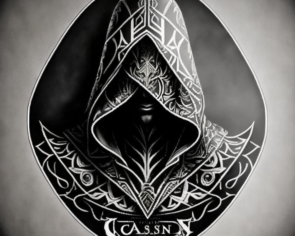 Monochromatic image: Mysterious figure in hood with intricate patterns.