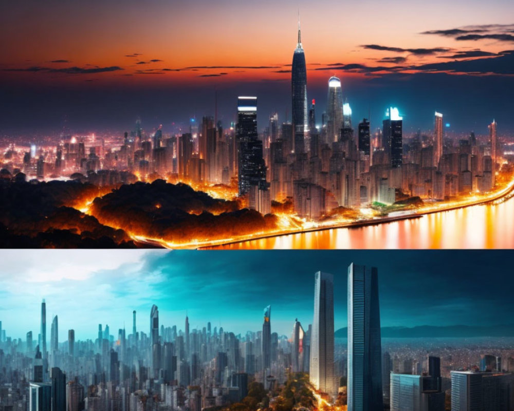 Cityscape with Glowing Lights Reflected in River and Stormy Sky Contrast