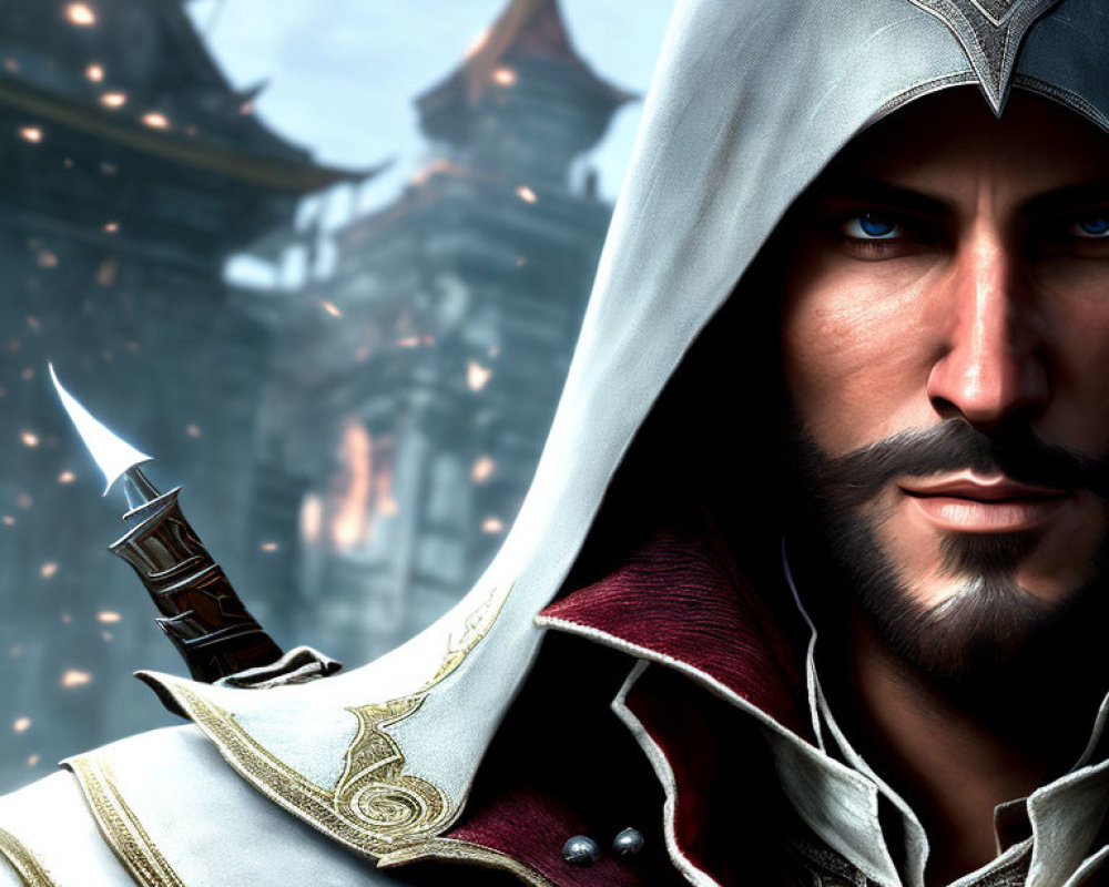 Close-up of determined male in hooded cloak with blue eyes and hidden blade, against Eastern-style building