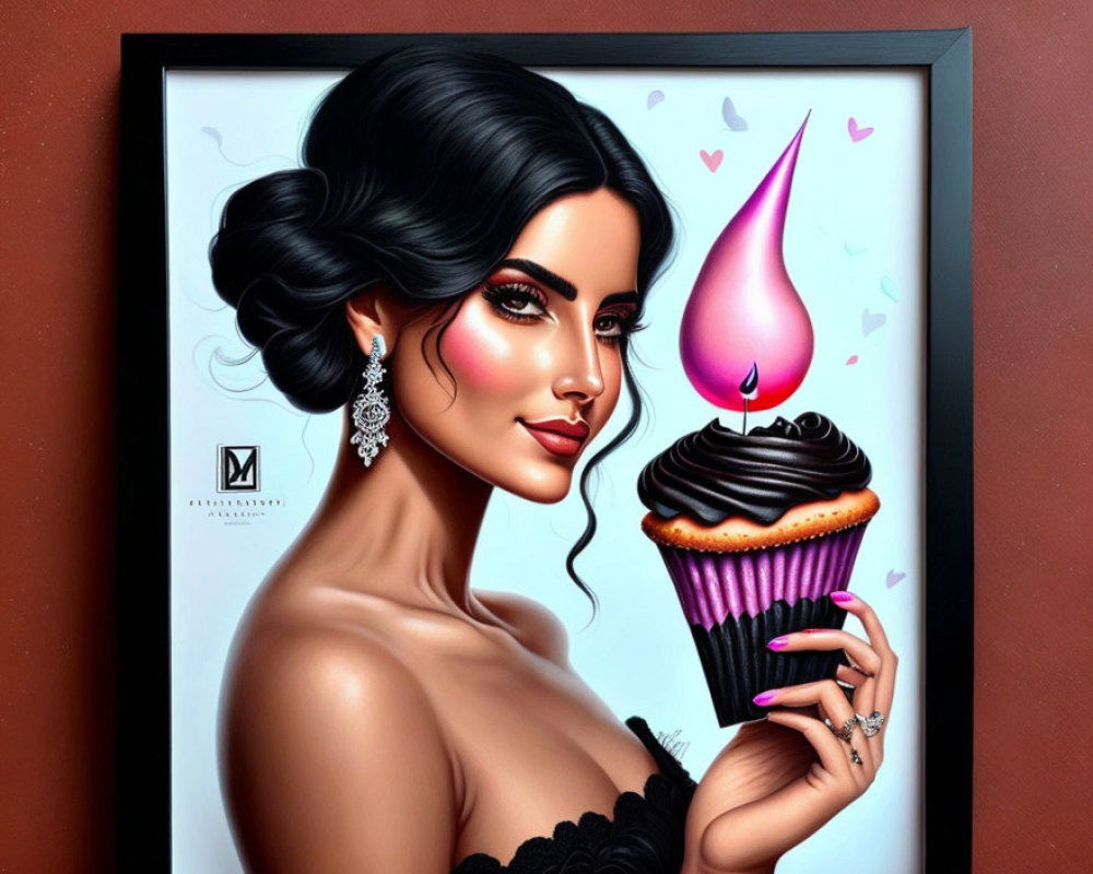 Woman with elegant hairstyle holding heart flame cupcake