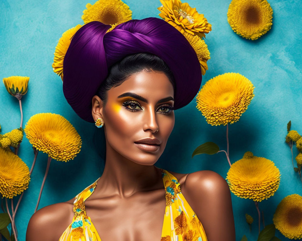 Vibrant purple hair woman with yellow eyeshadow and sunflowers on blue background