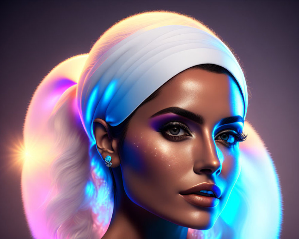 Glowing skin woman with neon makeup and headband