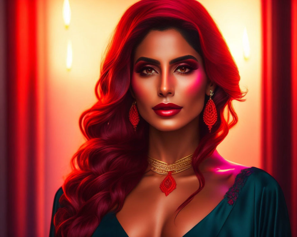 Illustrated woman with red hair and green dress against warm red curtain backdrop