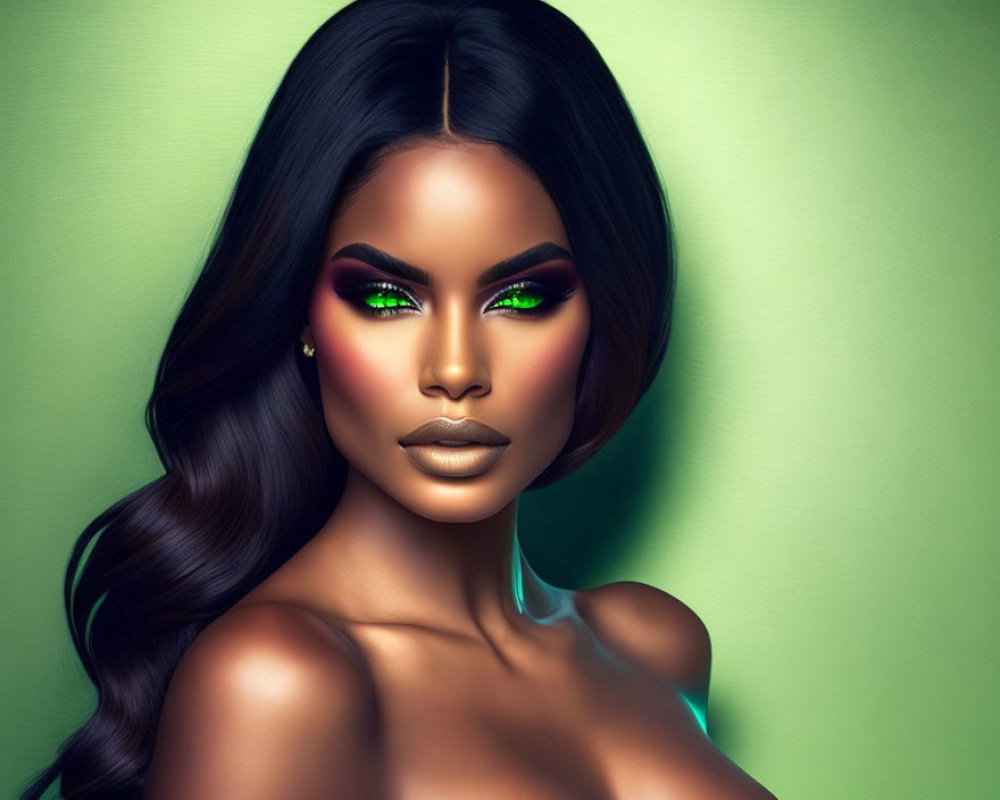 Vibrant digital portrait of a woman with green eyes, bold makeup, and wavy hair on