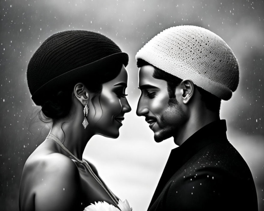 Monochrome romantic couple illustration in profile under snowfall